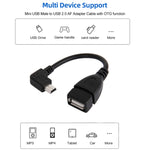 90度ミニUSBオスからUSB 2.0 AFアダプターケーブル OTG機能付き、長さ：13cm、右角ミニUSB、13cm
