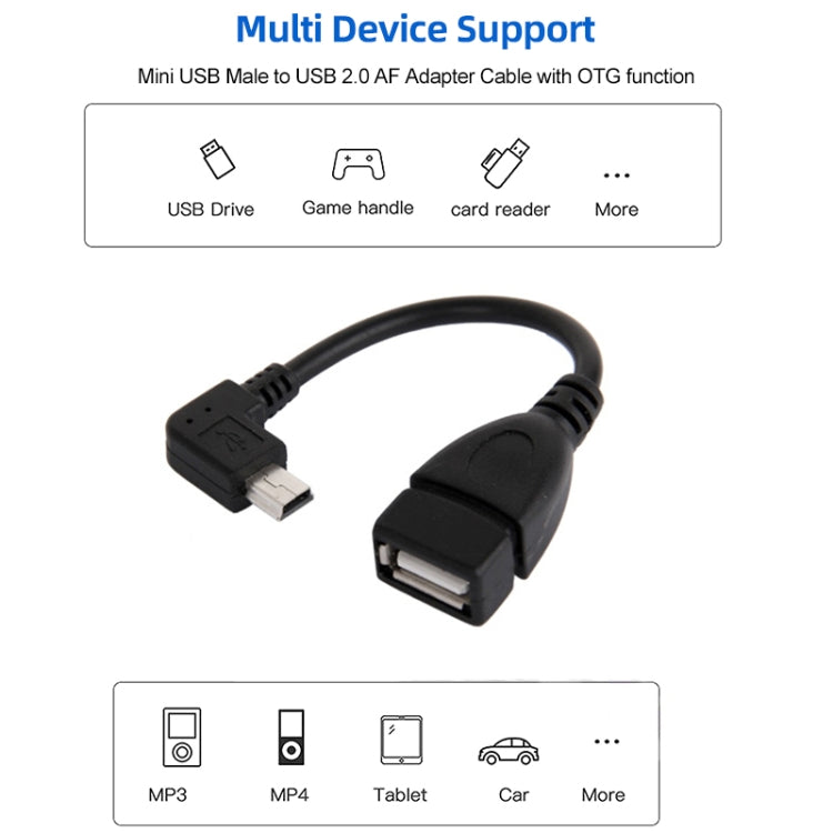 90度ミニUSBオスからUSB 2.0 AFアダプターケーブル OTG機能付き、長さ：13cm、右角ミニUSB、13cm