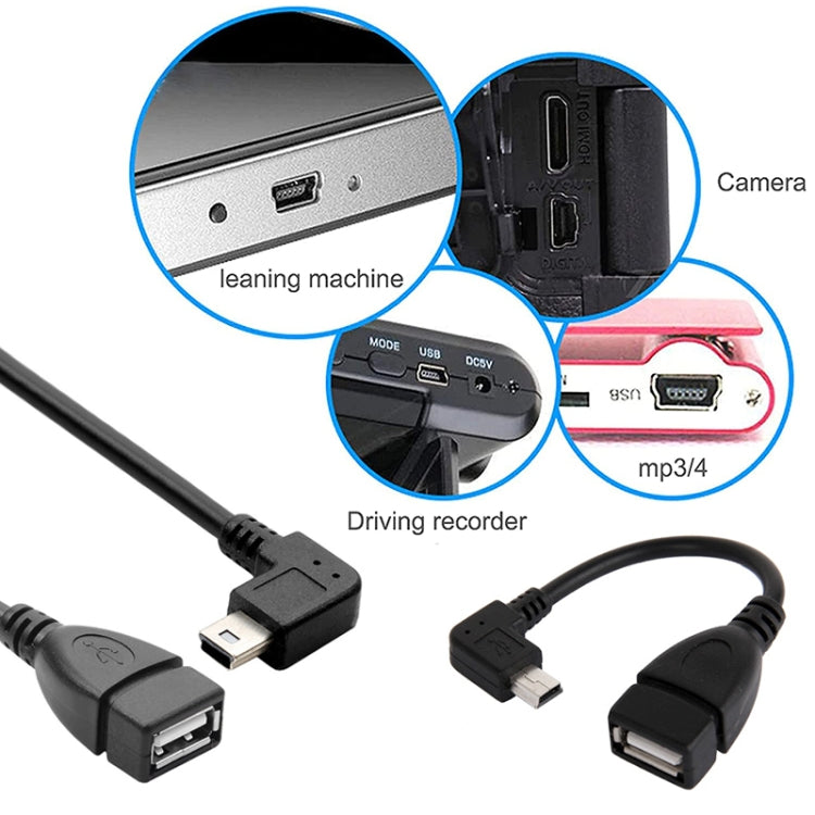 90度ミニUSBオスからUSB 2.0 AFアダプターケーブル OTG機能付き、長さ：13cm、右角ミニUSB、13cm
