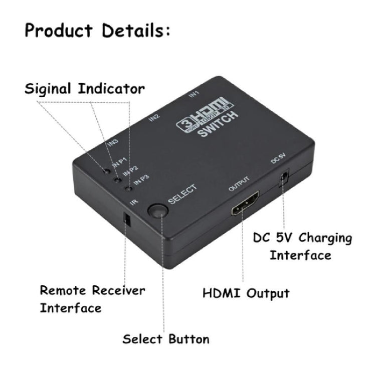 フルHD 1080P 3D HDMI 3x1 スイッチ IRリモコン付き、IRリモコン付き