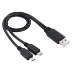 USB 2.0オス - 2本のマイクロUSBオスケーブル、長さ：約30cm、USB 2.0 AM から 2本のマイクロUSBへ