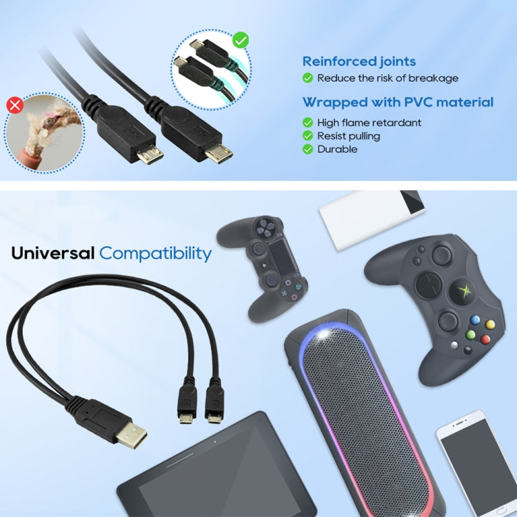 USB 2.0オス - 2本のマイクロUSBオスケーブル、長さ：約30cm、USB 2.0 AM から 2本のマイクロUSBへ