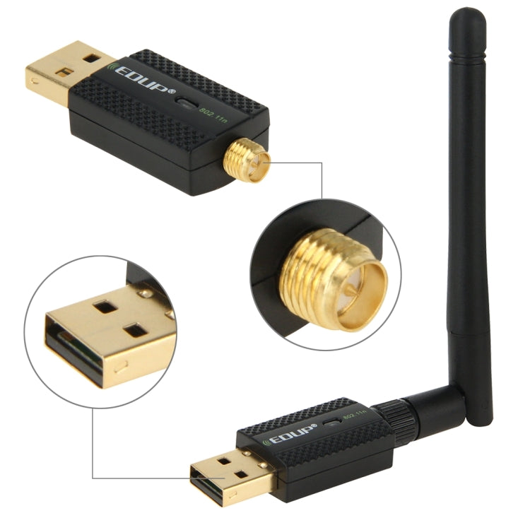 EDUP EP-N1581 ミニUSB WiFi 802.11n/g/b 300Mbps 2.4GHz 無線アダプター 外部アンテナ、EP-N1581