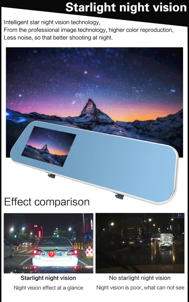 フルHD 1080P 4.3インチスクリーン表示デュアルカメラ車両DVR、140度広角視野、ナイトビジョン／駐車監視／ループ録画／動体検知／Gセンサー／TFカード対応、4.3インチ