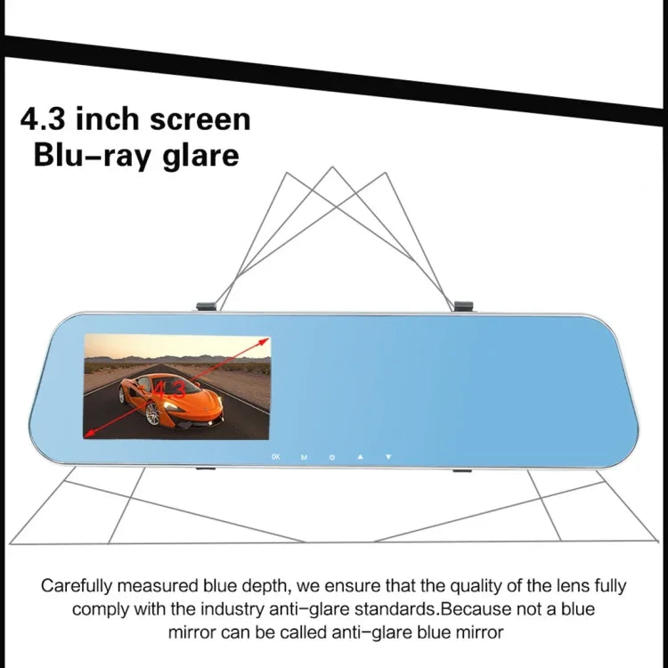 フルHD 1080P 4.3インチスクリーン表示デュアルカメラ車両DVR、140度広角視野、ナイトビジョン／駐車監視／ループ録画／動体検知／Gセンサー／TFカード対応、4.3インチ