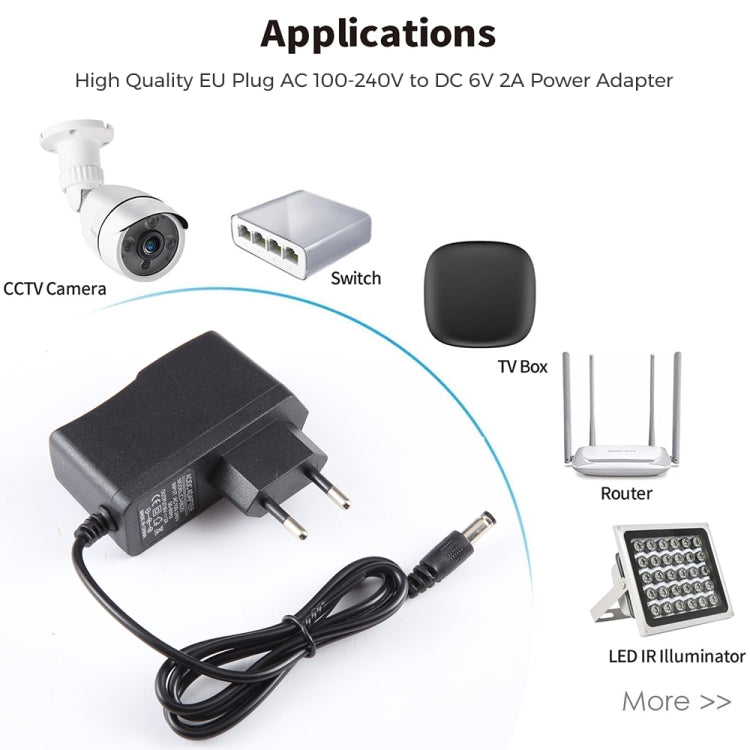 EUプラグ AC 100-240VからDC 6V 2A電源アダプター、先端: 5.5 x 2.1mm、ケーブル長: 1.1m、EUプラグ DC 6V 2A