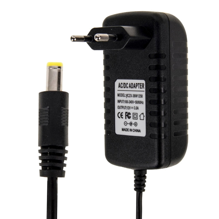 EUプラグ AC 100-240V から DC 12V 3A 電源アダプター、先端：5.5 x 2.1mm、ケーブル長：約1.2m、EUプラグ DC 12V 3A