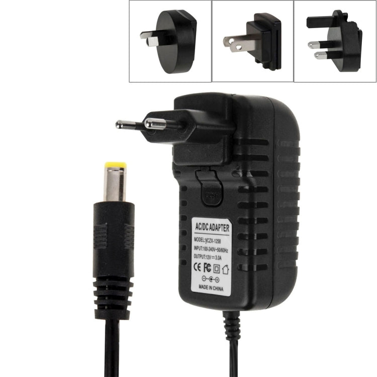 4in1 EUプラグ＋USプラグ＋UKプラグ＋AUプラグ AC 100-240V から DC 12V 3A 電源アダプター、先端：5.5 x 2.1mm、ケーブル長：約1.2m、EU+US+UK+AUプラグ