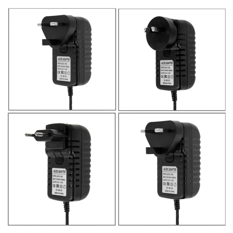 4in1 EUプラグ＋USプラグ＋UKプラグ＋AUプラグ AC 100-240V から DC 12V 3A 電源アダプター、先端：5.5 x 2.1mm、ケーブル長：約1.2m、EU+US+UK+AUプラグ