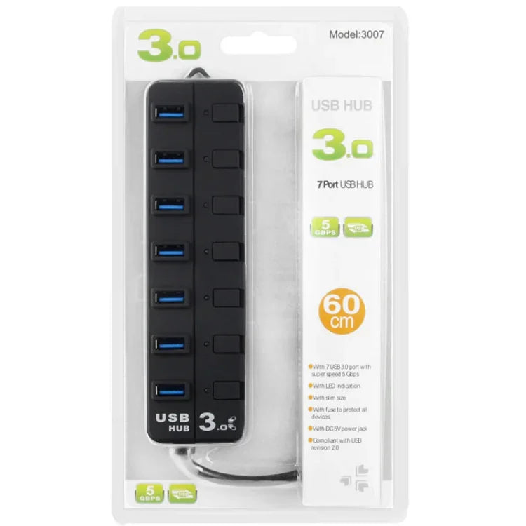 7ポート USB 3.0 ハブ 各データ転送ポートに個別スイッチ付き、7ポート（ブラック）