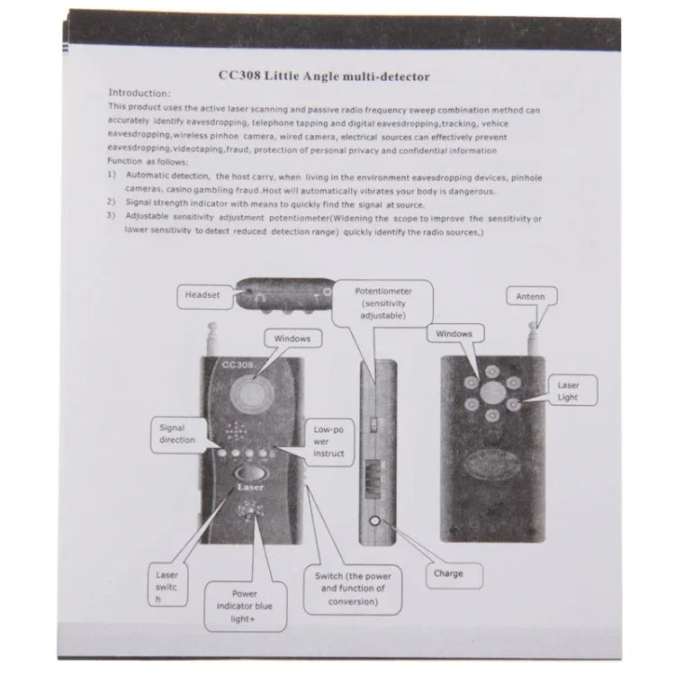 CC308+ マルチワイヤレスカメラレンズ検出器 電波信号検出 全周波数 RF GSM デバイスファインダー、CC308+