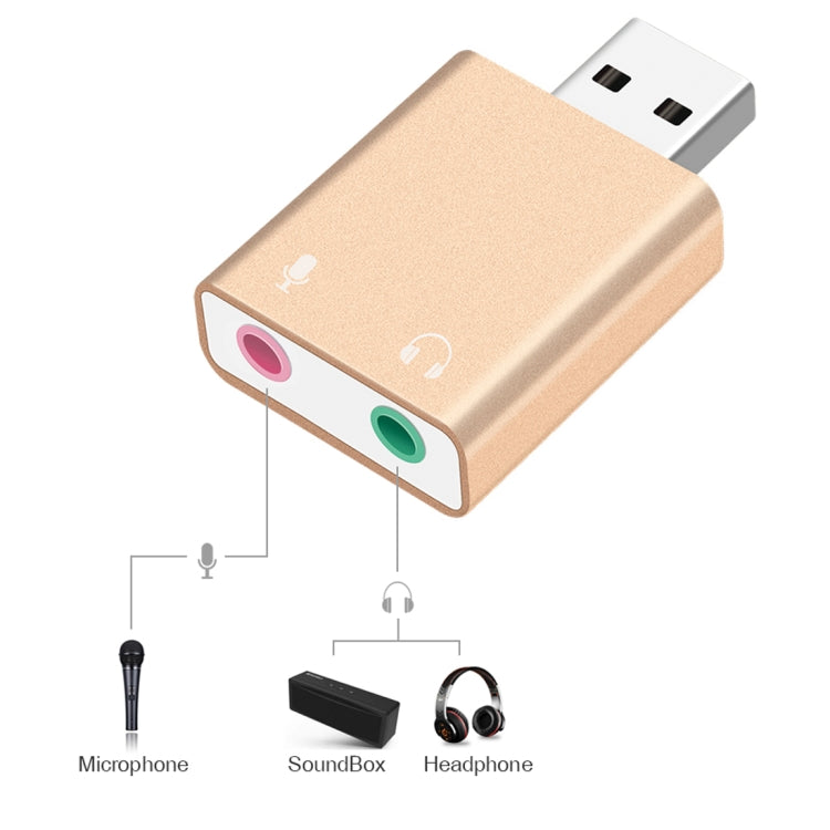 アルミニウムシェル 3.5mmジャック外付けUSBサウンドカード HIFIマジックボイス 7.1チャンネルアダプター ドライバーフリー パソコン、デスクトップ、スピーカー、ヘッドセット、マイク用 アルミ7.1チャンネルゴールド