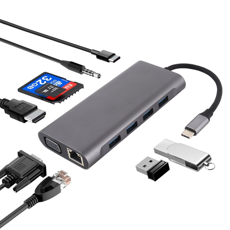 11 in 1 VGA + LANポート + 4 x USB 3.0 + SD / TFカード + HDMI + オーディオポート + USB-C / Type-CメスからUSB-C / Type-Cハブアダプター、11ポートからType-Cへ