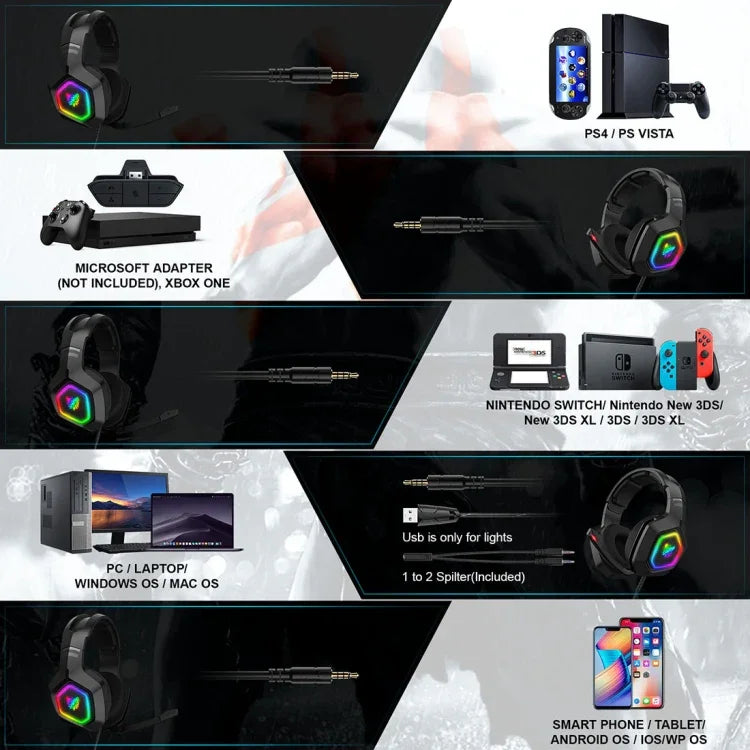 ONIKUMA K10 3.5mm コンピューターゲーム用有線ヘッドセット RGB LEDライト付き、K10