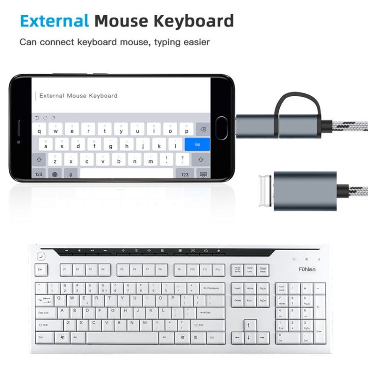 USB 3.0 メス から Micro USB ＋ USB-C / Type-C オス 充電＋転送 OTG ナイロン編みアダプターケーブル、ケーブル長：17cm、Micro USB 17cm グレー、Micro USB 17cm ゴールド