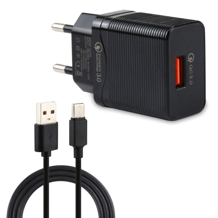 LZ-728 2-in-1 18W QC 3.0 USBインターフェーストラベル充電器 + USB to USB-C / タイプCデータケーブルセット EUプラグ ケーブル長さ: 1m USB-C / タイプCケーブル付き