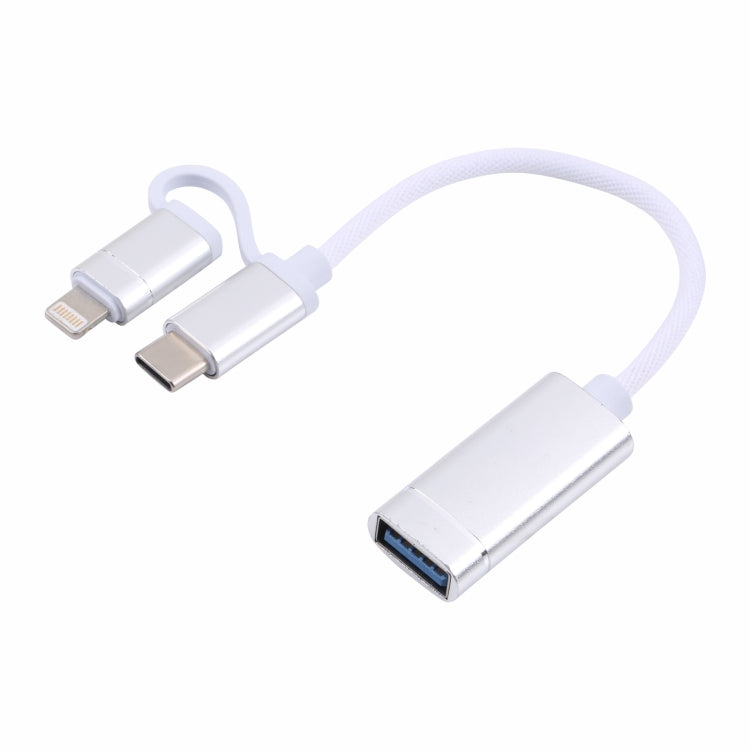 USB 3.0 メス から 8ピン + USB-C / Type-C オス 充電・転送 OTG ナイロン編みアダプターケーブル、ケーブル長さ: 11cm、8ピン シルバー + ホワイト、8ピン ブラック、8ピン シルバー、8ピン レッド、8ピン ブルー