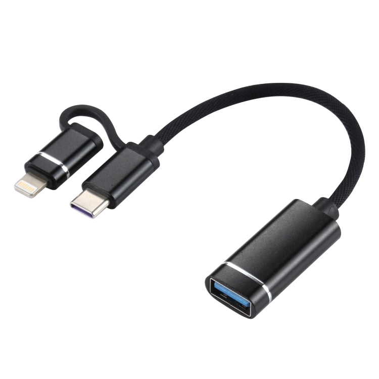 USB 3.0 メス から 8ピン + USB-C / Type-C オス 充電・転送 OTG ナイロン編みアダプターケーブル、ケーブル長さ: 11cm、8ピン シルバー + ホワイト、8ピン ブラック、8ピン シルバー、8ピン レッド、8ピン ブルー