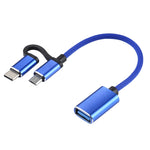 USB 3.0 メス to Micro USB + USB-C / Type-C オス 充電＆転送 OTG ナイロン編みアダプターケーブル、ケーブル長さ：11cm、Micro USB ブラック、Micro USB ブルー、Micro USB レッド、Micro USB シルバー、Micro USB ホワイト