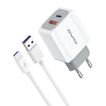 awei PD4 20W PD Type-C + QC 3.0 USBインターフェース 急速充電トラベル充電器 データケーブル付き、EUプラグ