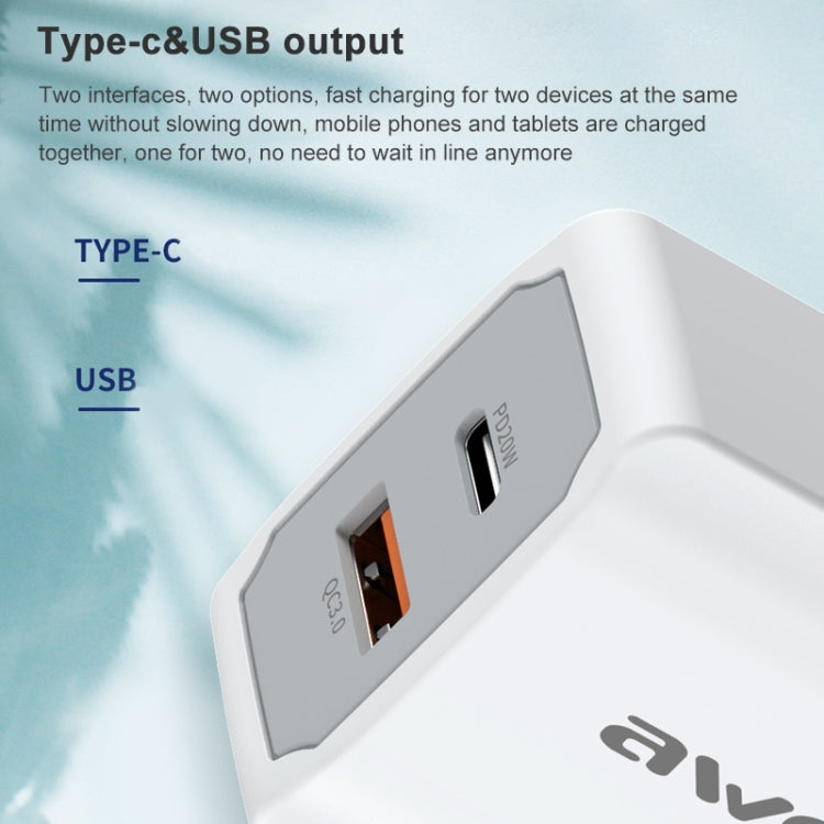 awei PD4 20W PD Type-C + QC 3.0 USBインターフェース 急速充電トラベル充電器 データケーブル付き、EUプラグ
