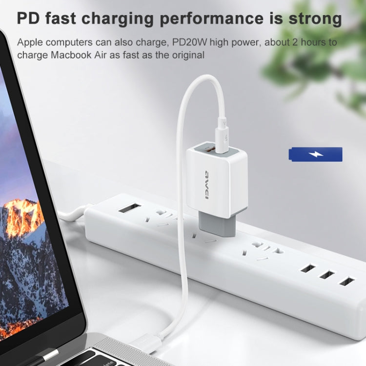 awei PD4 20W PD Type-C + QC 3.0 USBインターフェース 急速充電トラベル充電器 データケーブル付き、EUプラグ