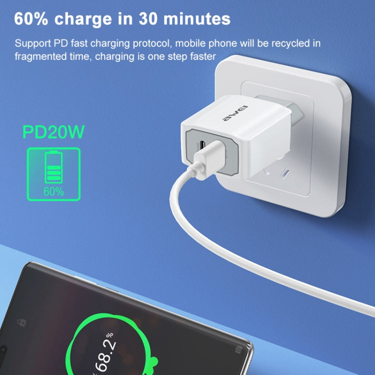 awei PD4 20W PD Type-C + QC 3.0 USBインターフェース 急速充電トラベル充電器 データケーブル付き、EUプラグ