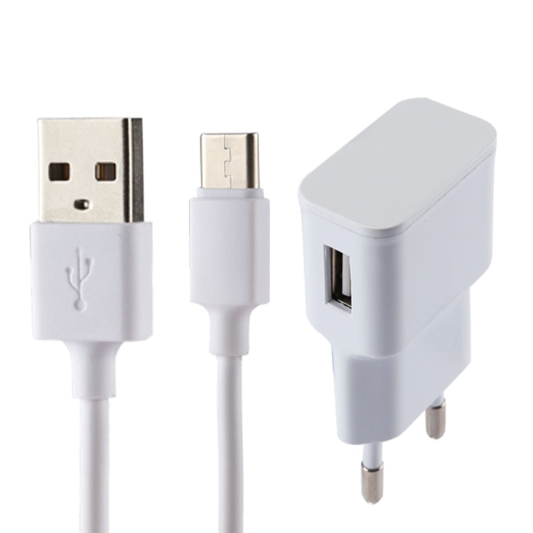 5V 2.1A インテリジェント識別USBチャージャー 1m USB to USB-C / Type-C充電ケーブル付き、欧州プラグ