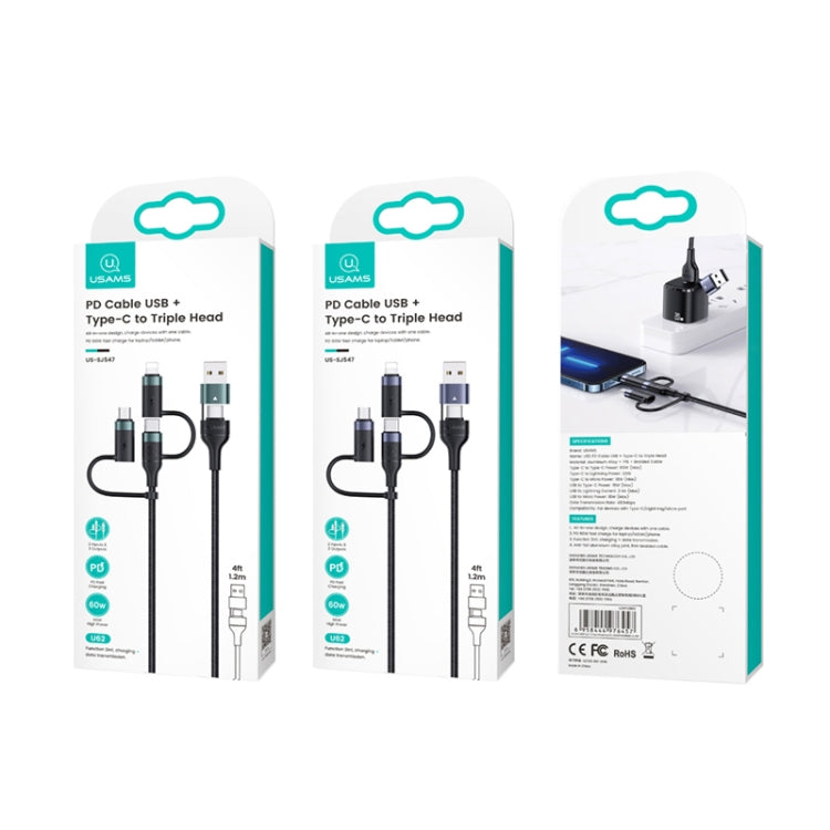 USAMS US-SJ547 U62 USB + Type-C / USB-C to Type-C / USB-C + 8ピン + マイクロ アルミ合金 PD急速充電データケーブル、長さ:1.2m