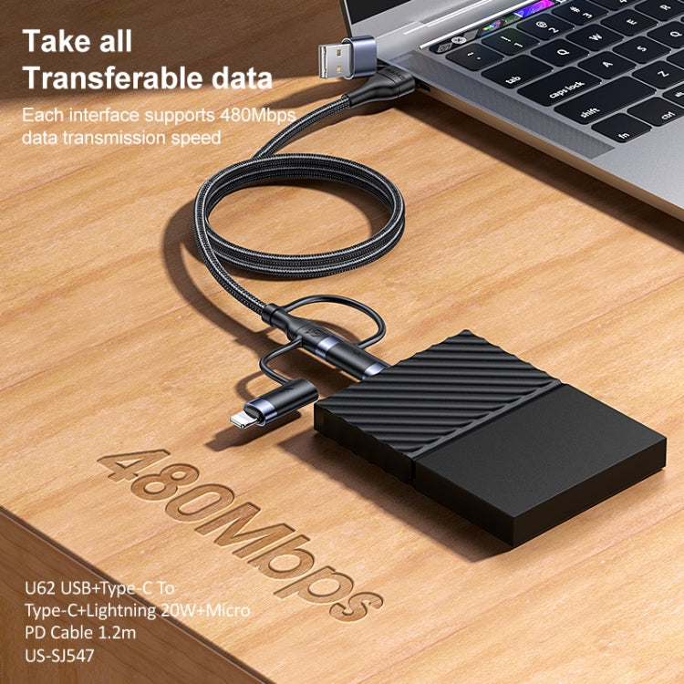 USAMS US-SJ547 U62 USB + Type-C / USB-C to Type-C / USB-C + 8ピン + マイクロ アルミ合金 PD急速充電データケーブル、長さ:1.2m