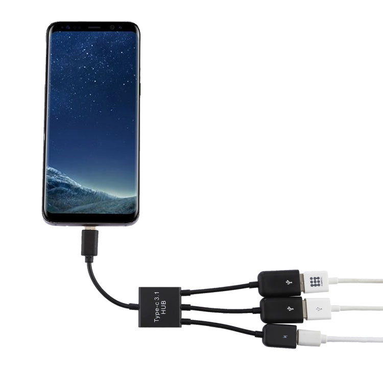 ポータブルUSB-C / Type-CオスからデュアルUSBポートメス＋マイクロUSBメスミニケーブルハブスプリッターアダプター、USB2ポート＋マイクロUSB