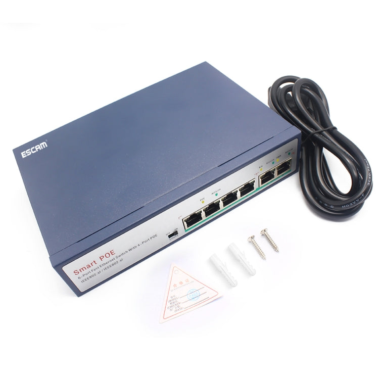 ESCAM POE 4+2 6ポートファーストイーサネットスイッチ 4ポートPOE 10/100M 120Wネットワークスイッチ、伝送距離：150m、6ポート