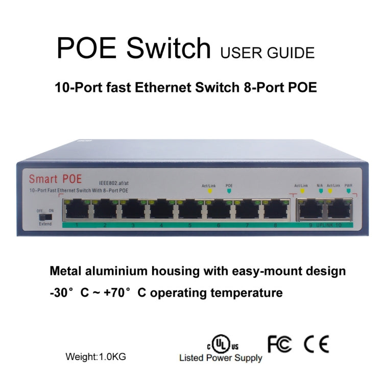 ESCAM POE 8+2 10ポート ファストイーサネットスイッチ 8ポート POE 10/100M 120W ネットワークスイッチ、伝送距離：150m、10ポート