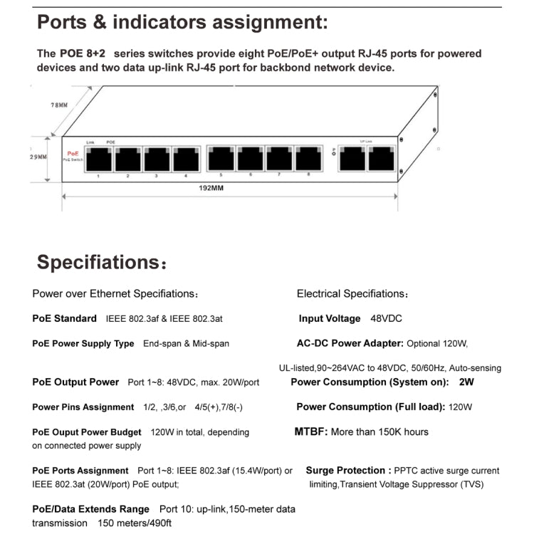 ESCAM POE 8+2 10ポート ファストイーサネットスイッチ 8ポート POE 10/100M 120W ネットワークスイッチ、伝送距離：150m、10ポート