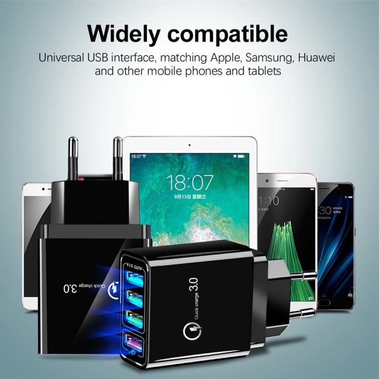30W QC 3.0 USB + 3 USB 2.0ポート モバイルフォン タブレット PC用ユニバーサルクイックチャージャー トラベルチャージャー、EUプラグ、EUプラグ
