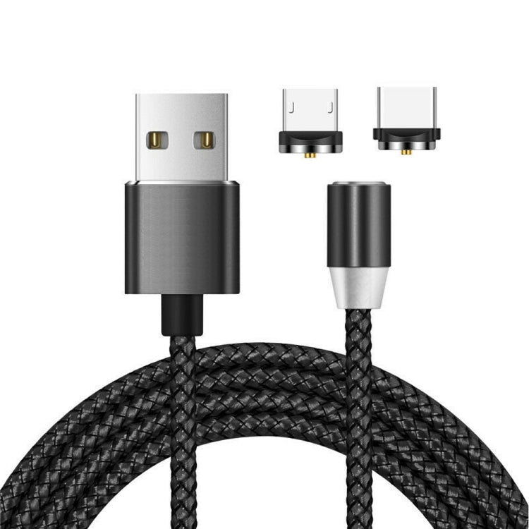 2-in-1 USB to Micro USB + USB-C / Type-C マグネットメタルコネクター ナイロン二色編みマグネット充電ケーブル、ケーブル長さ：1m、Micro USB + USB-C / Type-C