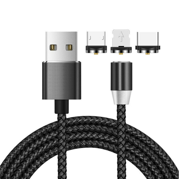 3-in-1 USB to 8ピン + Type-C/USB-C + Micro USB マグネットメタルインターフェース ナイロン編み充電ケーブル、長さ：1m