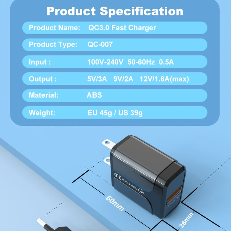 Portable QC3.0 18W USB Port Universal Quick Charging Charger, US Plug, US Plug