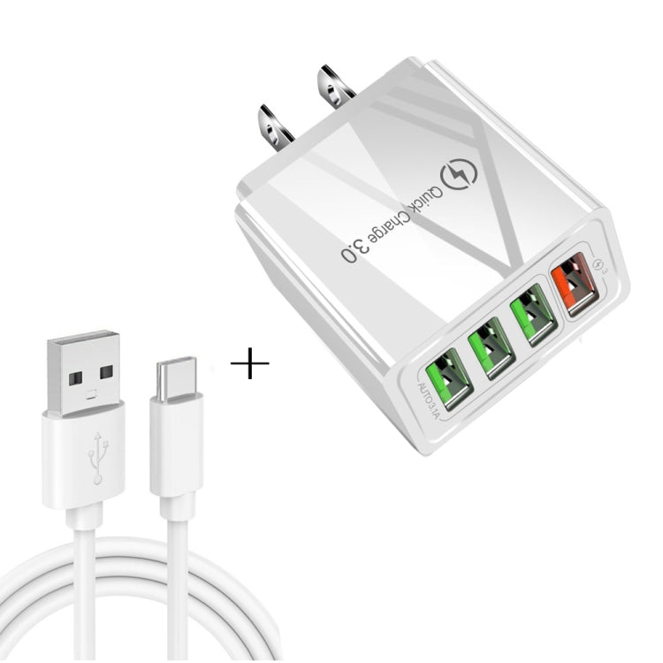 2イン1 USB to USB-C / Type-Cデータケーブル + 30W QC 3.0 4 USBインターフェース モバイルフォン タブレット PC用ユニバーサルクイックチャージャー トラベルチャージャーセット、USプラグ、USB-C / Type-Cセット USプラグ