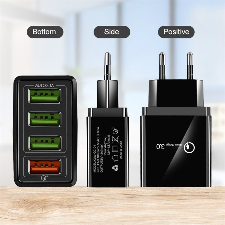 2-in-1 USB to USB-C / Type-C データケーブル + 30W QC 3.0 4 USBポート 携帯電話 タブレット PC 汎用急速充電器 トラベルチャージャーセット EUプラグ USB-C / Type-Cセット EUプラグ
