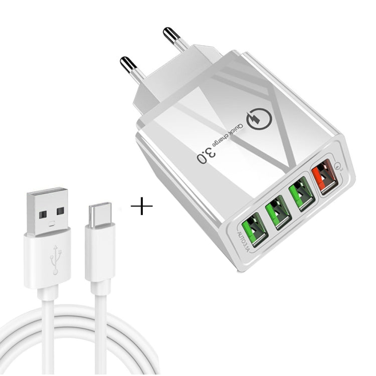 2-in-1 USB to USB-C / Type-C データケーブル + 30W QC 3.0 4 USBポート 携帯電話 タブレット PC 汎用急速充電器 トラベルチャージャーセット EUプラグ USB-C / Type-Cセット EUプラグ