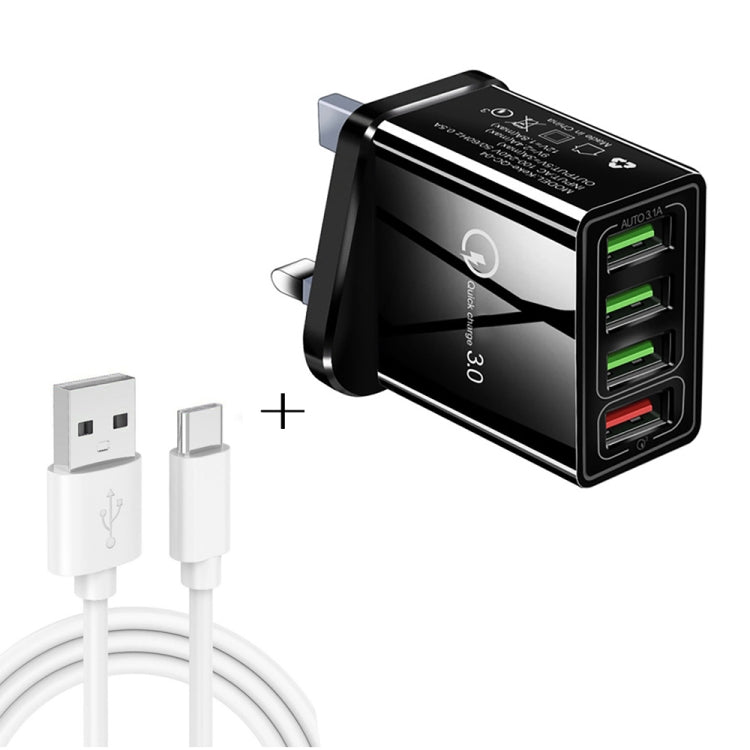 2-in-1 1m USB to USB-C / Type-C データケーブル + 30W QC 3.0 4 USBポート 携帯電話 タブレット PC 汎用急速充電器 トラベルチャージャーセット UKプラグ USB-C / Type-Cセット UKプラグ