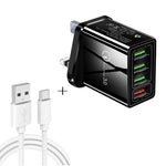 2-in-1 1m USB to USB-C / Type-C データケーブル + 30W QC 3.0 4 USBポート 携帯電話 タブレット PC 汎用急速充電器 トラベルチャージャーセット UKプラグ USB-C / Type-Cセット UKプラグ