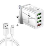 2-in-1 1m USB to USB-C / Type-C データケーブル + 30W QC 3.0 4 USBポート 携帯電話 タブレット PC 汎用急速充電器 トラベルチャージャーセット UKプラグ USB-C / Type-Cセット UKプラグ