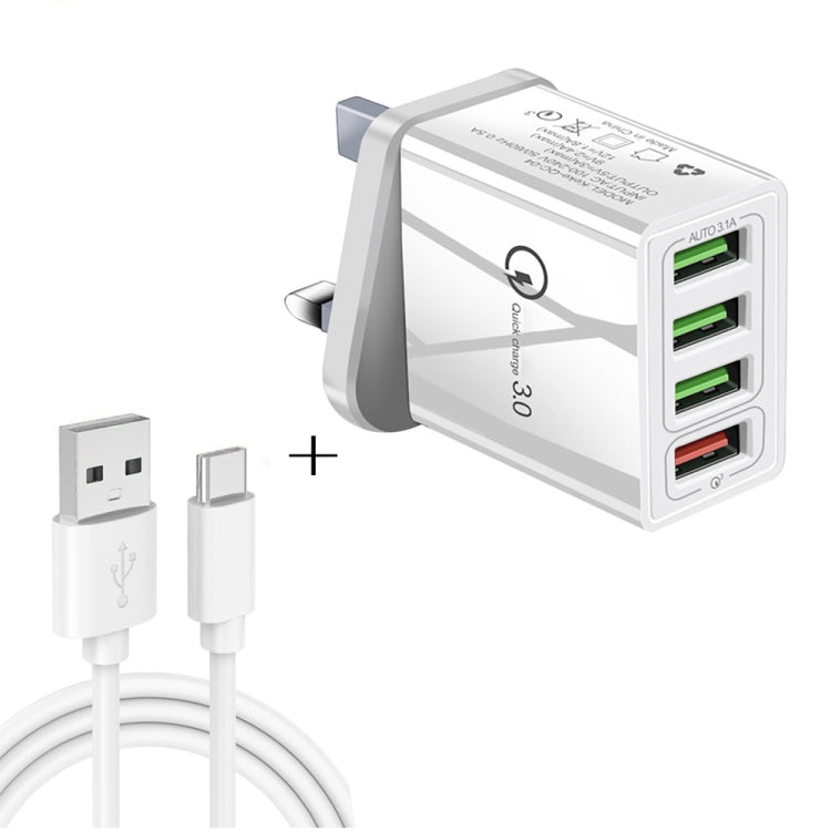 2-in-1 1m USB to USB-C / Type-C データケーブル + 30W QC 3.0 4 USBポート 携帯電話 タブレット PC 汎用急速充電器 トラベルチャージャーセット UKプラグ USB-C / Type-Cセット UKプラグ