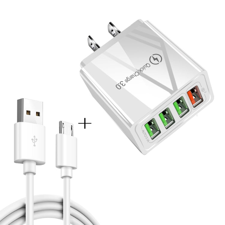 2-in-1 1m USB to Micro USB データケーブル + 30W QC 3.0 4 USBポート 携帯電話 タブレット PC 汎用急速充電器 トラベルチャージャーセット USプラグ Micro USBセット USプラグ