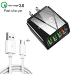 2-in-1 1m USB to Micro USB データケーブル + 30W QC 3.0 4 USBポート 携帯電話 タブレット PC 汎用急速充電器 トラベルチャージャーセット USプラグ Micro USBセット USプラグ