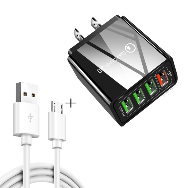 2-in-1 1m USB to Micro USB データケーブル + 30W QC 3.0 4 USBポート 携帯電話 タブレット PC 汎用急速充電器 トラベルチャージャーセット USプラグ Micro USBセット USプラグ