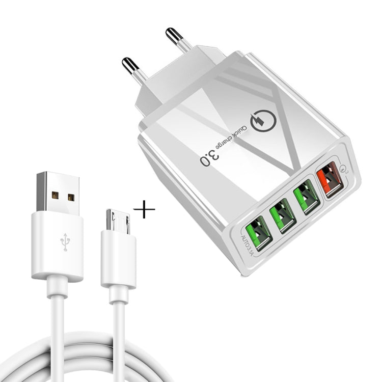 2-in-1 1m USB to Micro USB データケーブル + 30W QC 3.0 4 USBポート 携帯電話 タブレット PC 汎用急速充電器 トラベルチャージャーセット EUプラグ Micro USBセット EUプラグ
