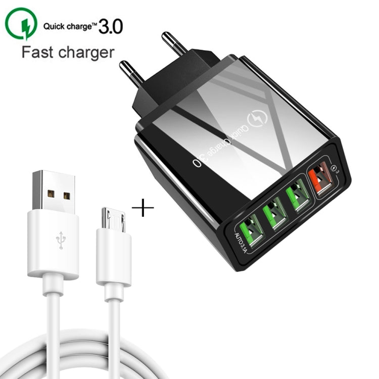 2-in-1 1m USB to Micro USB データケーブル + 30W QC 3.0 4 USBポート 携帯電話 タブレット PC 汎用急速充電器 トラベルチャージャーセット EUプラグ Micro USBセット EUプラグ